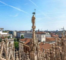 City view from the terraces of Duomo cathedral in Milan, Italy