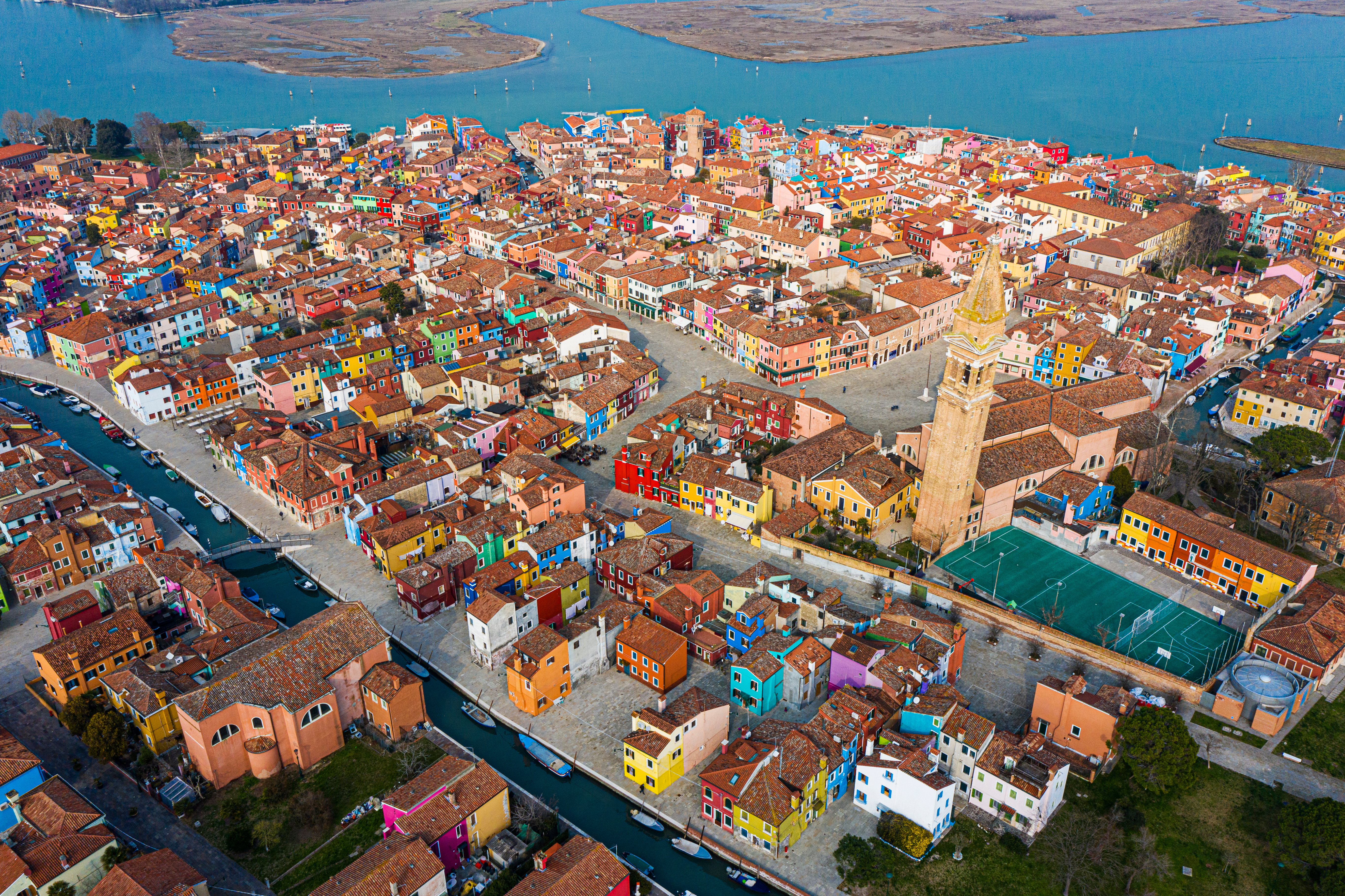 Aerial view of the colorful houses of the Burano Island, Venice