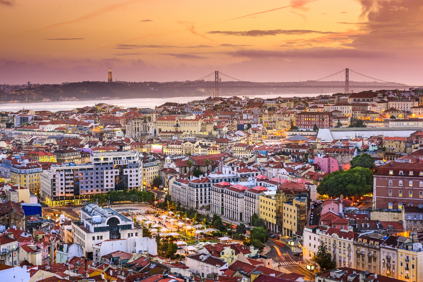 Lisbon, Portugal skyline at sunset.