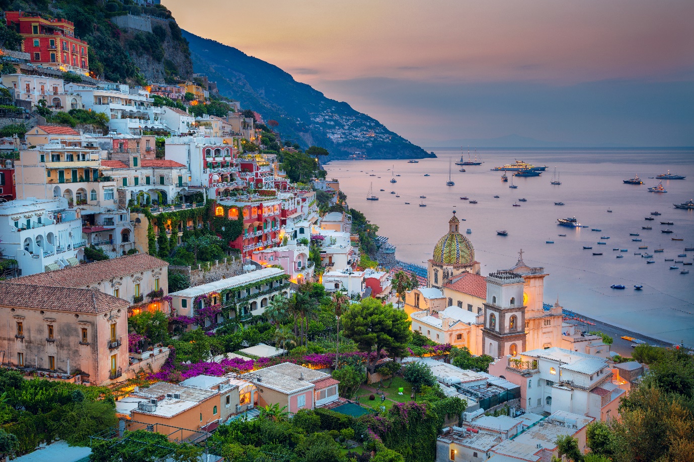 View of the town of Positano with flowers, Amalfi Coast, Italy