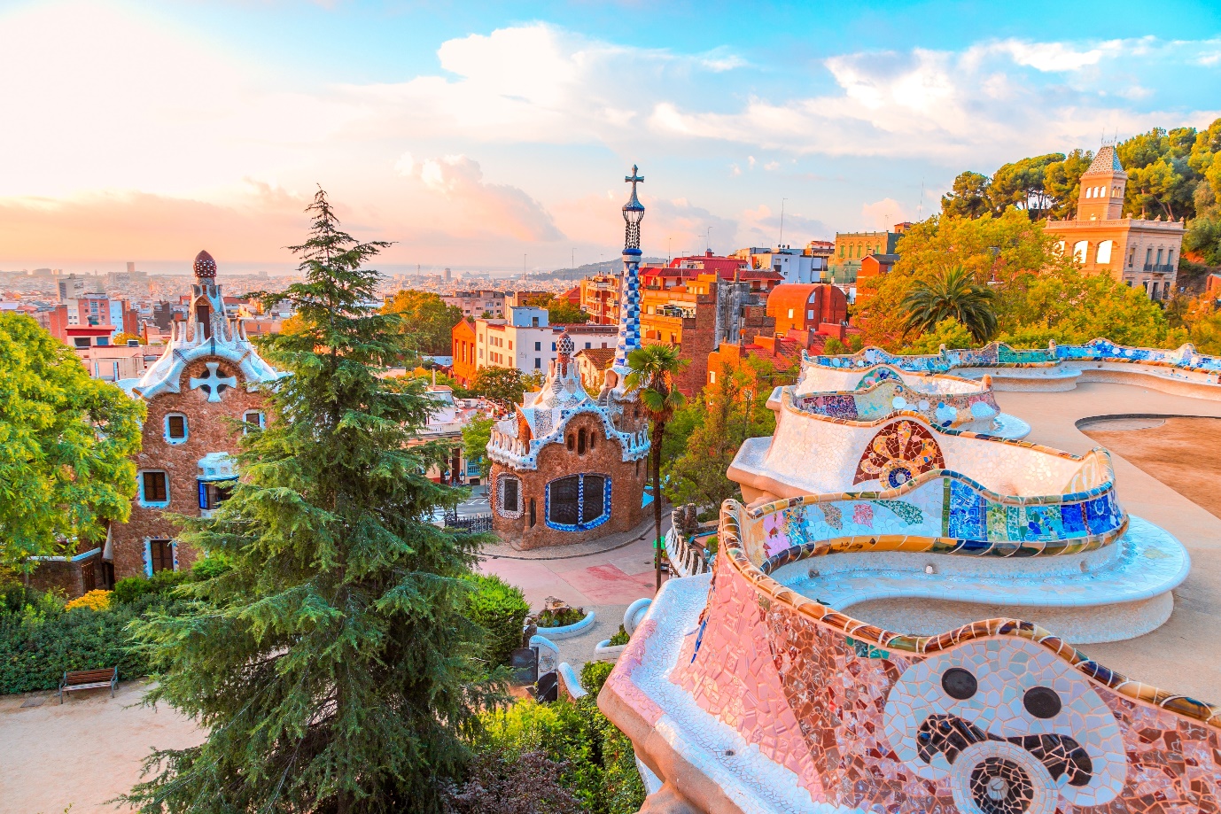 Picture of Park Guell of Barcelona captured during golden hour, designed by the famous architect Antoní Gaudí. UNESCO World Heritage since 1984.