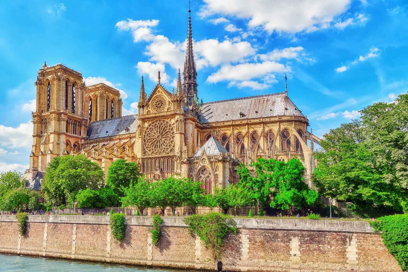 Notre Dame de Paris Cathedral, most beautiful Cathedral in Paris. View from the River Seine. France.