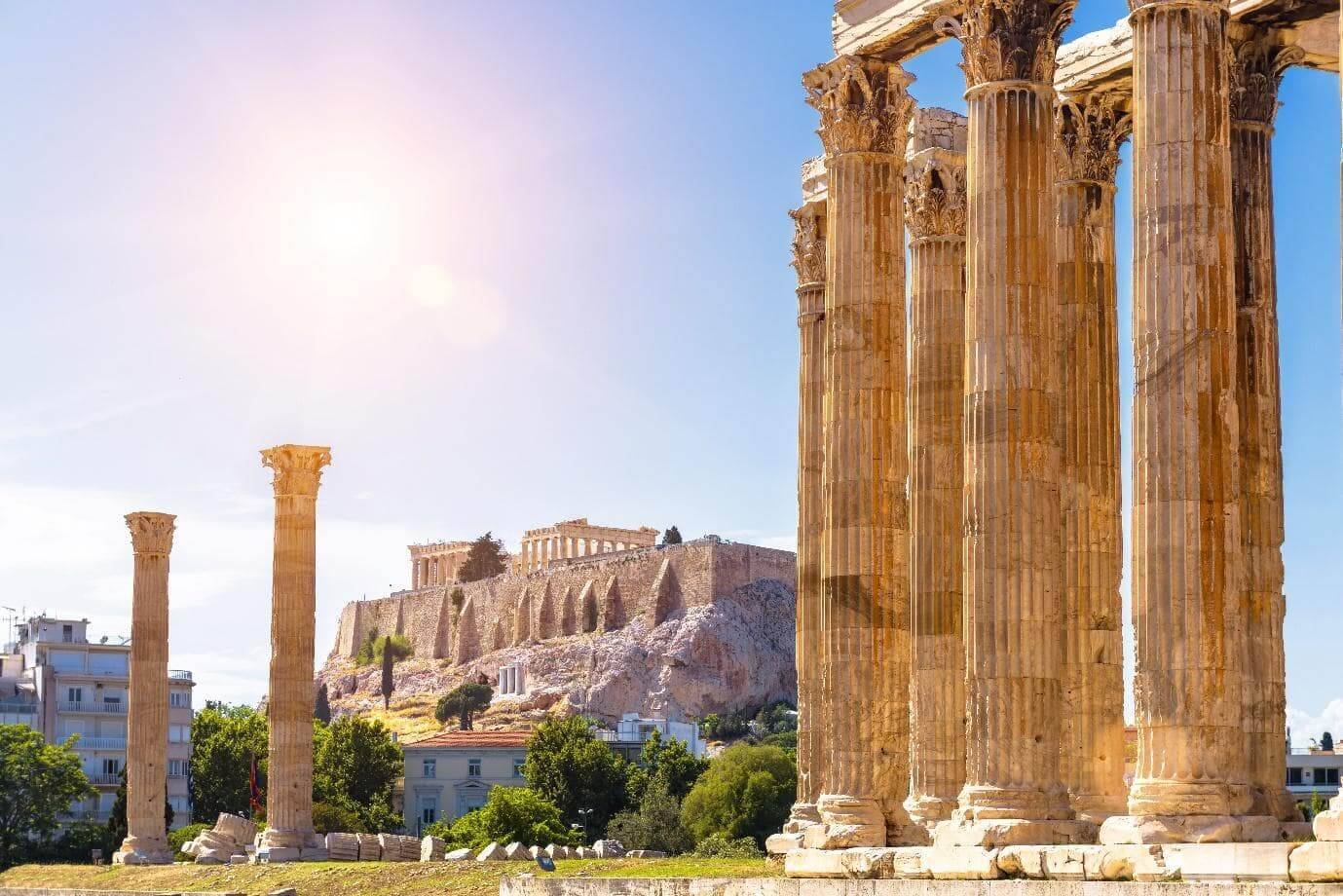 Athens view, Zeus temple overlooking Acropolis, Greece.