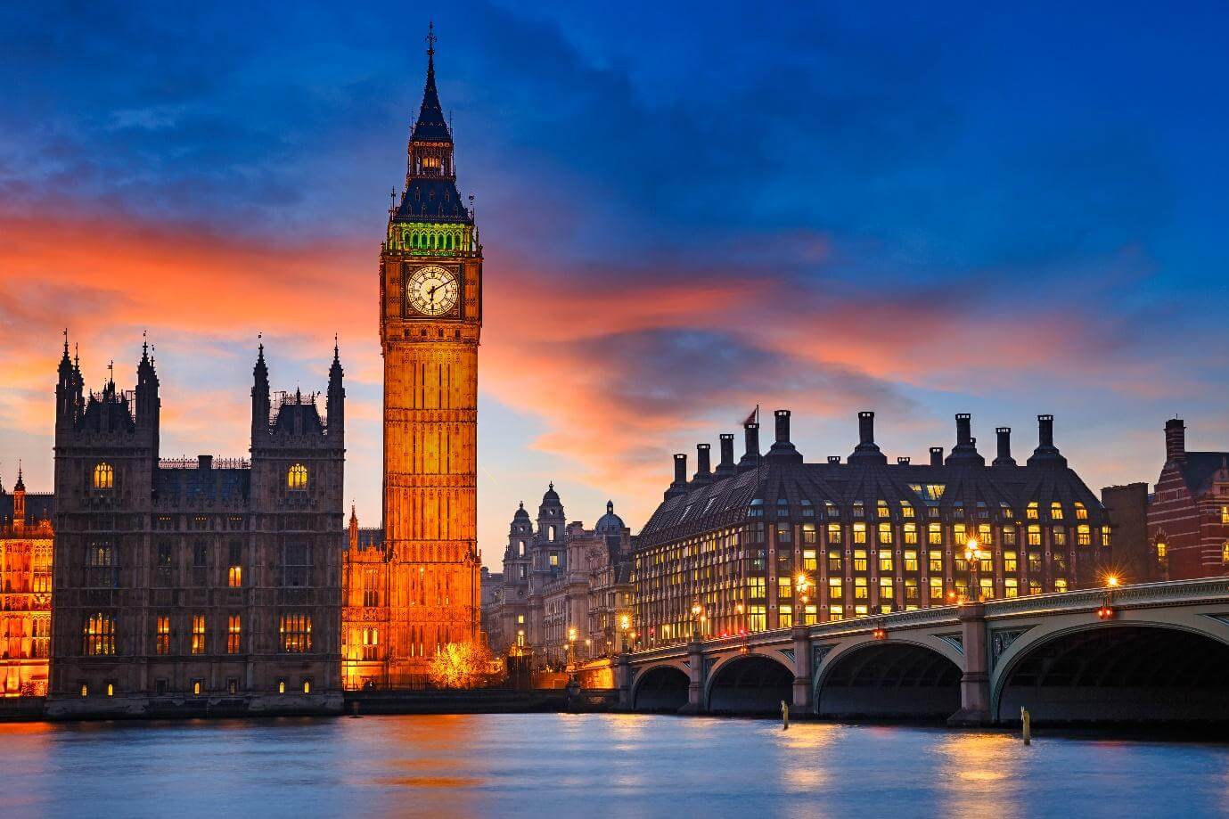 Big Ben and westminster bridge at dusk in London