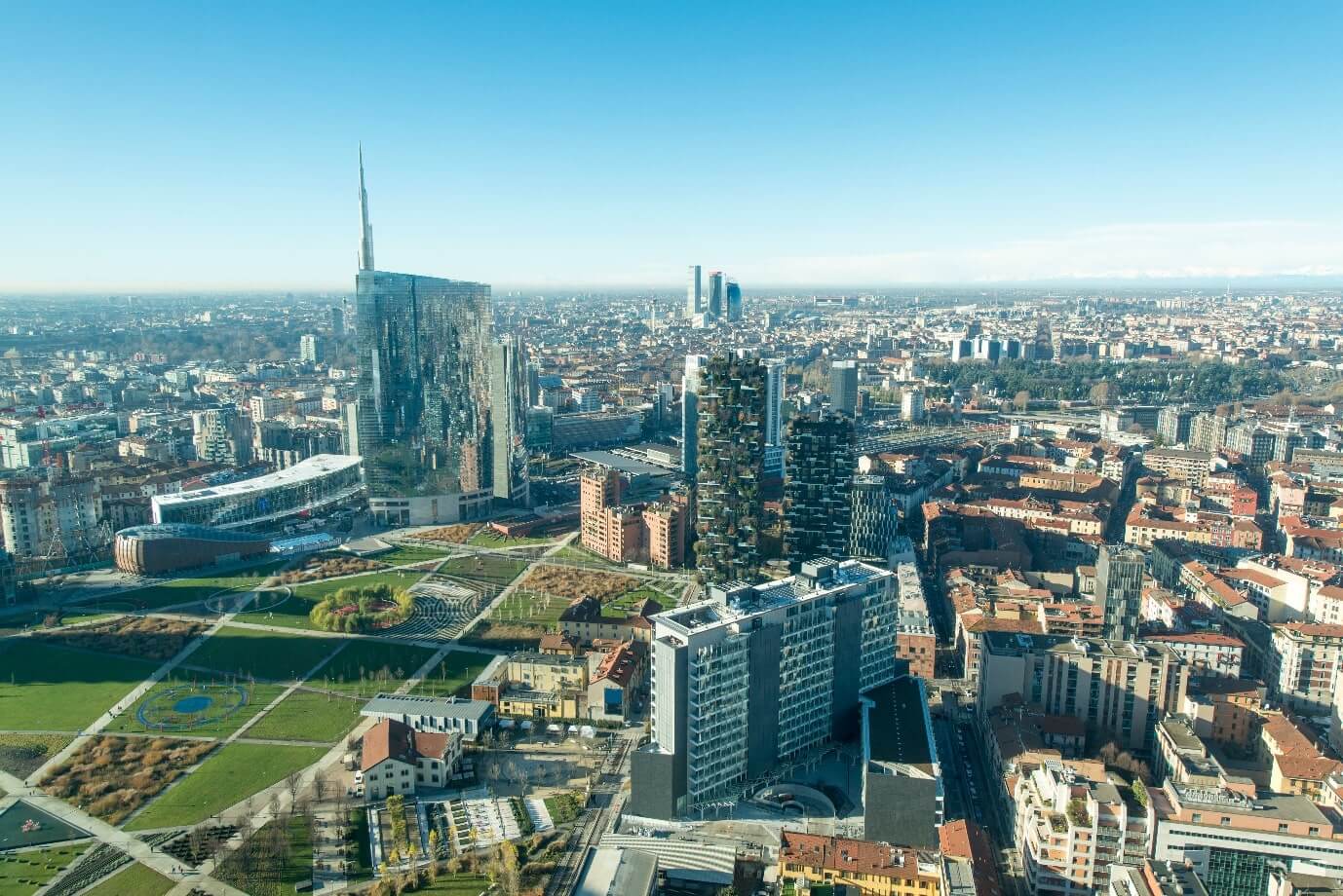 aerial view of Milan city centre on a sunny day, Italy.