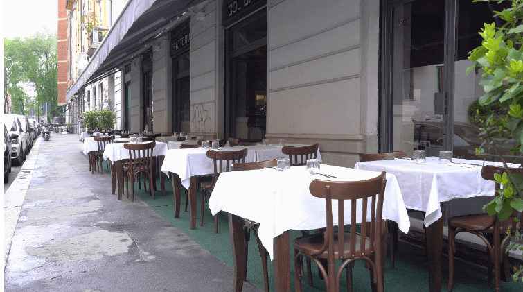 Milan restaurant with table and chairs. Outdoor seating